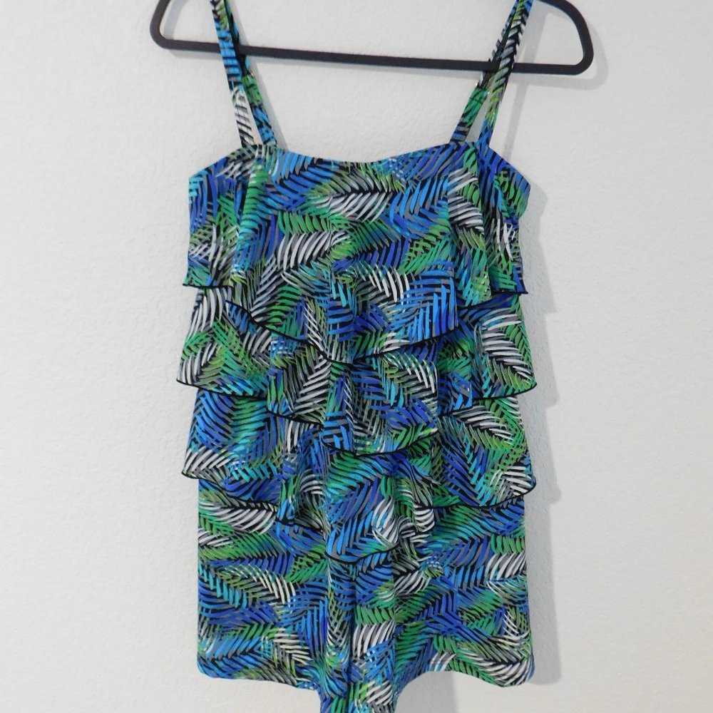 Fit 4 U One Piece Layered Swimsuit Tropical Print Size 8